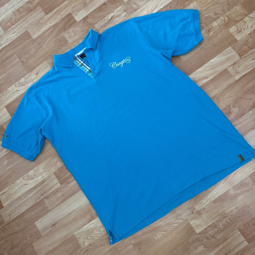 Coogi Mens XXL Blue Pique Polo Shirt Plaid Trim Script Logo Short Sleeve